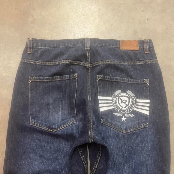 Y2K rocawear mens dark wash embroidered baggy jeans skater wide‎ leg hiphop 38